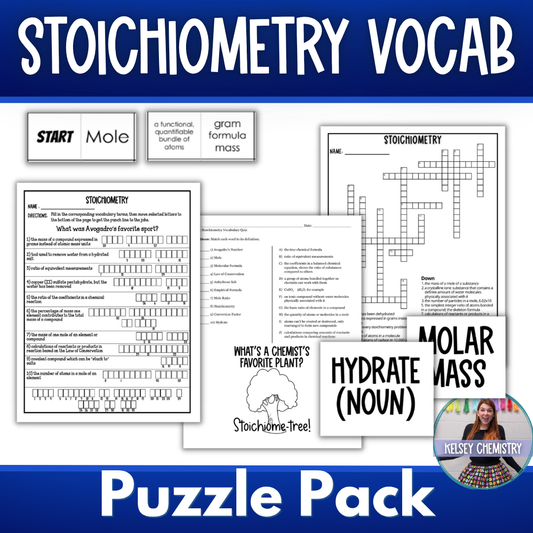 Stoichiometry Vocabulary Quiz and Puzzle Bundle - Crossword, Joke Game, Dominoes