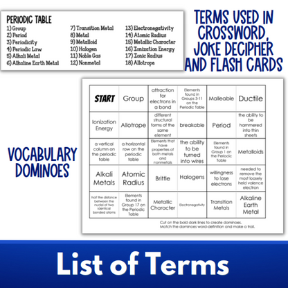 Periodic Table Vocabulary Review Activity Bundle, Crossword, Flash Cards, Quiz